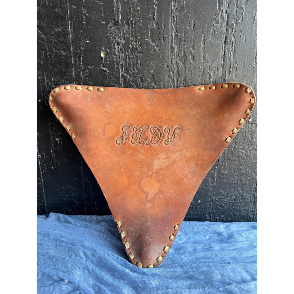 Vintage 1983 Handmade Leather Tripod Stool Seat Judy Embossed Personalized Brown